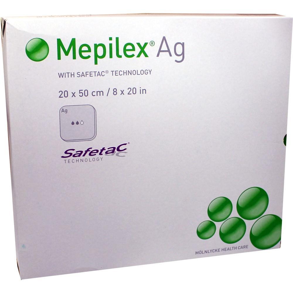 Weiße Verpackung von Mepilex Ag Wundauflagen mit grünen und lila Schriftzügen.