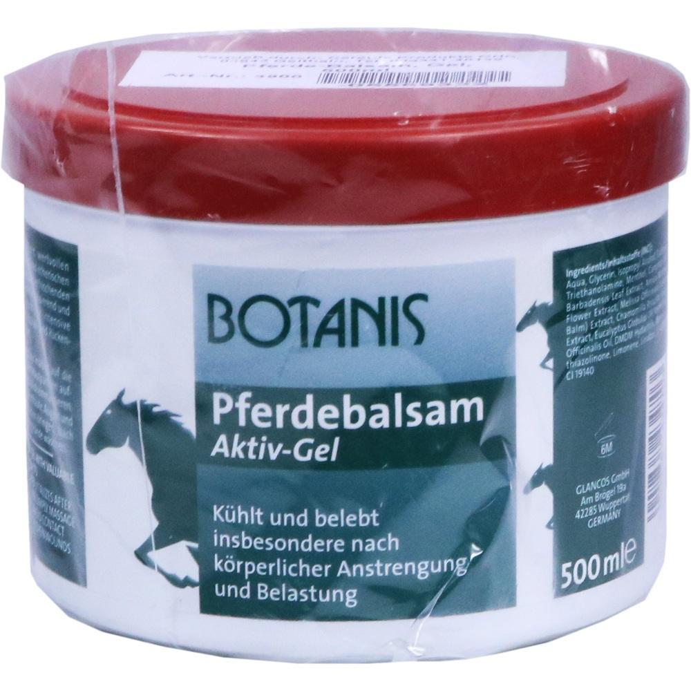 Eine Dose mit Pferdebalsam Aktiv-Gel und rotem Deckel steht auf einem Tisch.