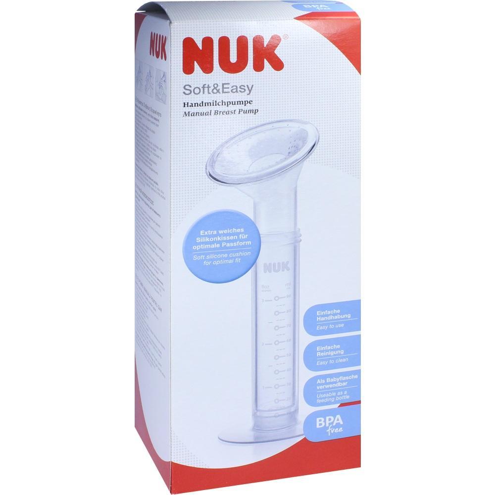Weiße Verpackung einer NUK-Handmilchpumpe mit rotem Logo und blauen Infos.